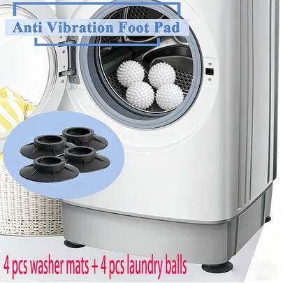8pcs Washing Machine Accessories - 4pcs Washing Machine Anti-Vibration Pads + 4pcs Laundry Balls Set, Washing Machine Feet Pads Can Prevent Slipping, Shock Absorption, Noise Reduction, Suitable For Washing Machines And Dryers. Laundry Balls Can Remove Hair, Soften Clothes, Prevent Tangling, Reduce Wrinkles, No Electricity Required, Laundry Accessories, Extra Large Washing & Drying Balls, Washing Machine Balls