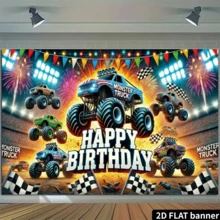 2D Flat 1pc Polyester Monster Truck Happy Birthday Party Banner, Atmosphere Decor Background, Outdoor Festival Decoration, Home Garden Decor, Patio Decor, Yard Supplies