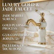 1pc White Marble Texture Bathroom Sink Faucet, Gold Decorative Ceramic Handles, Dual Control Hot & Cold, Luxury Retro Bathroom Countertop Basin Tap, G1/2 Interface, Includes 2pcs 50cm Hoses, G3/8 Adapter*2