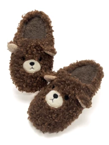1 Pair Women's Cute Cartoon Bear Embroidered Curly Plush Slippers, Memory Foam Quiet Warm Novelty House Slippers For Autumn/Winter - Coffee Brown - View 5