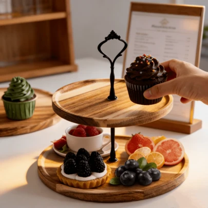 1pc Rosewood Double-Layer Dessert Tray, Cake Stand, Multifunctional Fruit & Snack Display Rack, Natural Rosewood Material With Fine Texture And Premium Feel, Sturdy , Versatile For Dessert Shops, Restaurants, Kitchen Storage, Home Parties, Kitchen Supplies, Ramadan Decoration