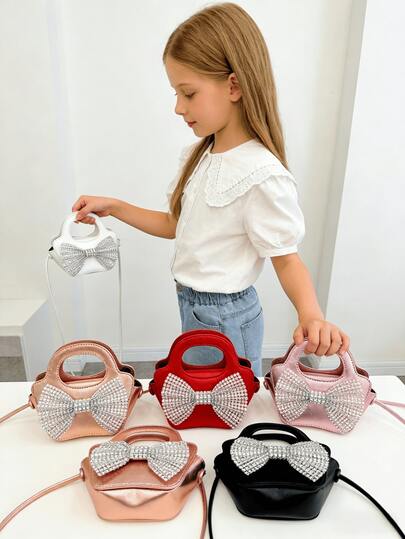 New Rhinestone Bow Decor Girls' Crossbody Bag, Fashion Mini Handbag, Princess Style Coin Purse, Holiday Gift For Little Girls