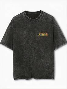 女士超大款复古黑色水洗短袖T恤，宽松版型，时尚设计 - 黑色 - 查看 4