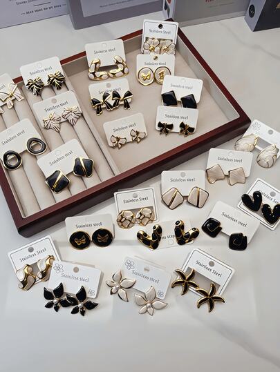 20 Pieces / Fashionable New Style Stainless Steel Earrings / Handmade Drip Oil Fruit And Butterfly Randomly Mixed Style Cartoon Large-Sized Stainless Steel Ear Studs Set. Made By Hand, With Different Thickness And Size. [Produced In Dongguan] Random Shipment