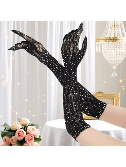 Balls, Parties, Dates, Weddings, French Luxury Imitation Diamonds, Leopard Print High-Elasticity Rhinestones, Shining, Retro And Elegant Ladies' Gloves, As Gifts