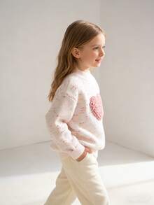 Tween Girl Colorful Heart Graphic Long Sleeve Sweater - Pink - View 10