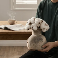 1pc 6-Inch Ceramic Farmhouse Style Vase, Rustic Pottery Decorative Vase, Boho Home Decor, Suitable For Tabletop, Living Room, Bathroom, Shelves, Fireplace