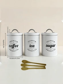 3 件套厨房储物罐套装，带盖食品储物罐和竹勺，白色/黑色厨房储物罐，5.9*3.34*3.34 英寸食品储物容器，防水厨房储物盒带盖方形茶叶罐，带雕刻标签的铁质储物罐，适用于咖啡、茶、糖，厨房整理，餐厅，客厅，茶室，送给朋友和家人的礼物 - 彩色 - 查看 10