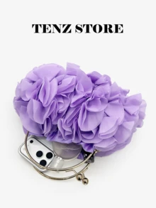 女士优雅浅紫色花卉褶皱缎面手拿包 - 精致雪纺花瓣手提包，配链条肩带，完美适用于新娘、婚礼、舞会、伴娘、毕业派对、春季活动、鸡尾酒会和特殊场合 - 淡紫色 - 查看 5