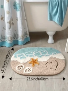 1 pieza Alfombra de baño ovalada - Tema oceánico, decorada con estrellas de mar y patrones de corazón, adecuada para todas las estaciones, regalo de decoración del hogar para el Día de la Madre y la graduación, alfombra de baño, decoración con tema oceánico - Multicolor - Ver 3