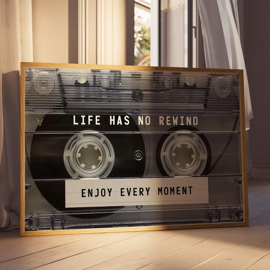1件可选边框复古磁带墙画，“人生没有重来”名言帆布海报，美观的房间装饰，励志墙画，艺术墙画，礼品，励志音乐海报，客厅、卧室、家居和宿舍装饰画 - 黑與白 - 查看 1