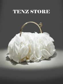 White Petal Handbag, Chiffon Ruffle Floral Decor, Gold Handle And Chain Strap, Fits ProMax Phone, Suitable For Bride, Wedding, Prom, Graduation, Cocktail Party, Formal Dinner, Spring Gala And Holiday Party - Bright - View 8