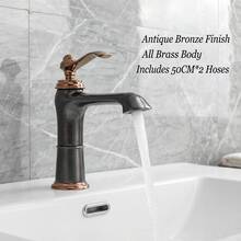 1个黑色青铜和玫瑰金双色浴室洗脸盆龙头，黄铜主体，冷热水控制，豪华工业风台上盆龙头，浴室五金配件，G1/2接口，配2根50厘米软管，G3/8转接头*2 - 仿古款 - 查看 2