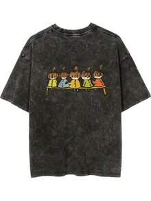 女士超大款复古黑色水洗短袖T恤，宽松版型，时尚设计 - 黑色 - 查看 3