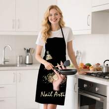 1件美甲印花围裙 - 黑色背景美甲图案，涤纶厨房围裙，适合美甲师、美甲沙龙、家居装饰 - 易于清洁的烹饪和美甲工作台配件，趣味图案，优质材料，坚固耐用，DIY美甲爱好者的必备品