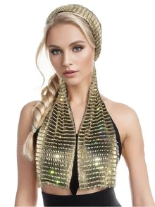 女士金色水钻渔网头巾，个性化发饰，适合日常佩戴、跳舞、婚礼、派对、活动、情人节等场合，也可作睡帽使用。 - 彩色 - 查看 27
