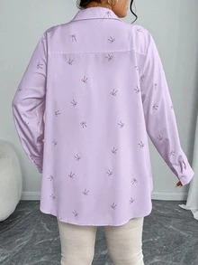 大码优雅浅紫色蝴蝶结印花宽松口袋衬衫，花卉印花休闲前扣口袋衬衫，适合度假春季穿着 - 紫色 - 查看 5
