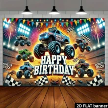 2D Flat 1pc Polyester Monster Truck Happy Birthday Party Banner, Atmosphere Decor Background, Outdoor Festival Decoration, Home Garden Decor, Patio Decor, Yard Supplies