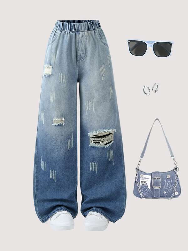 1pc Girls' Casual Street Vintage Ombre Distressed Loose Wide Leg Jeans, Fashionable Design, Suitable For Spring, Summer, Autumn