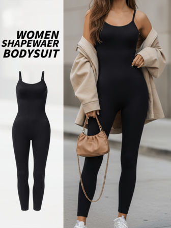 女士塑身连体裤 - 无缝弹力面料，细肩带高腰收腹提臀，黑色修身款，休闲时尚百搭