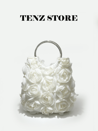 Elegant Rose Flower Evening Bucket Bag For Women, Solid Color Sweet Bridal Handbag With Metal Handle, Formal Party Shoulder Bag, Perfect For New Year & Valentine's Day Gift