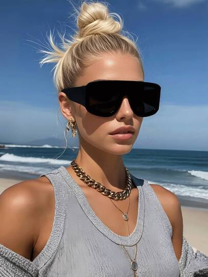 1副时尚超大黑色Y2K风格夏季沙滩度假眼镜，女士款