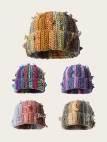 1pc Handmade Knitted Dopamine Color Block Tassel Beanie Hat, Ear Warmer, Fashion Unisex Autumn/Winter - 針織帽 - 查看 7