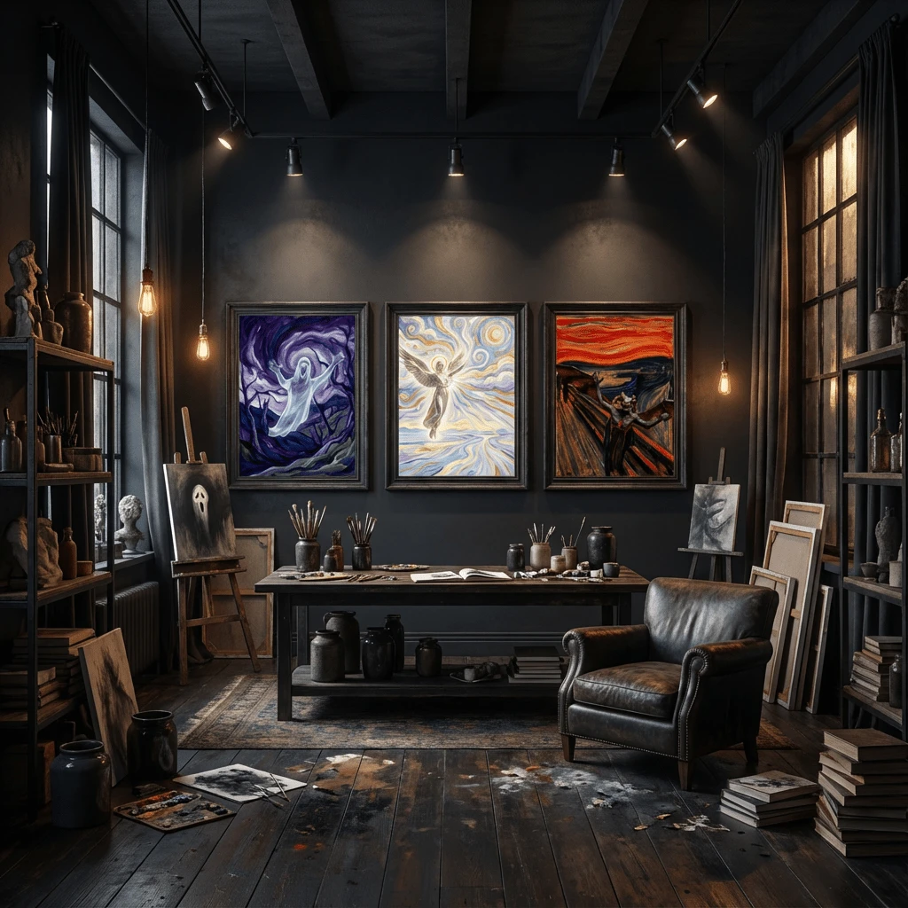 表现主义艺术三联画：蒙克风格的恶魔、天使和幽灵帆布画，哥特式休息室、书房的黑暗三位一体墙面装饰画 | 美学 - 彩色 - 查看 1