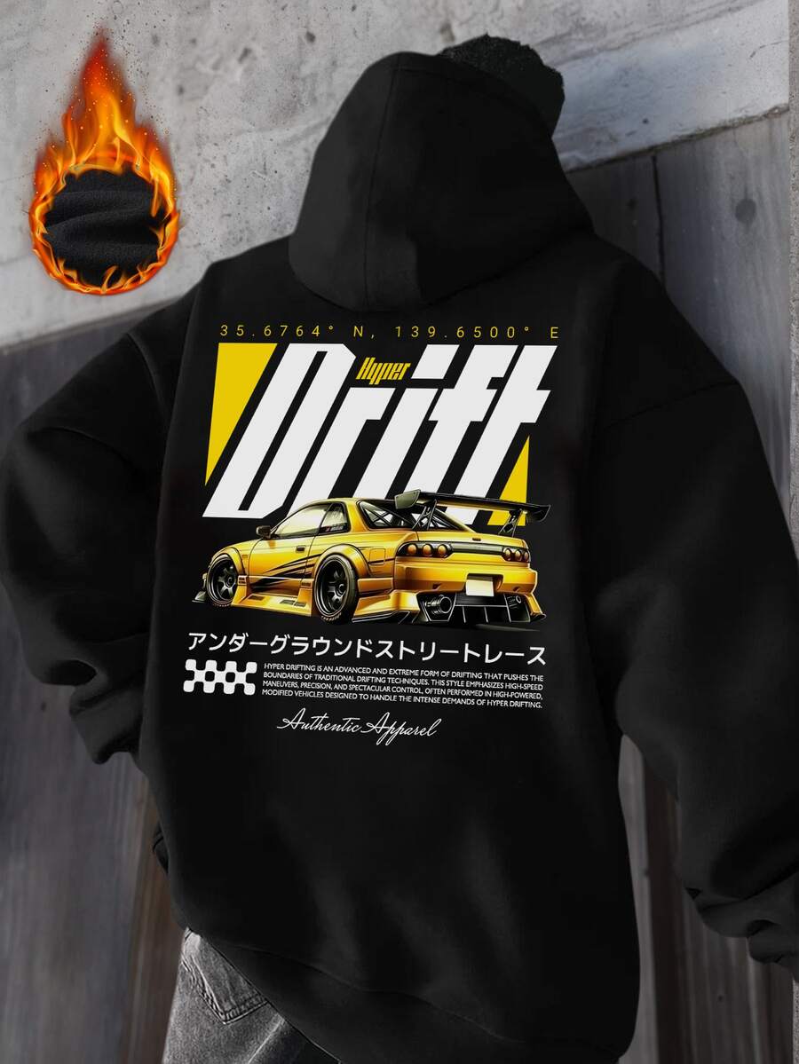 Krometka 男士连帽衫，新款秋冬 | 街头漂移赛车印花黑色百搭连帽卫衣 - 黑色 - 查看 1