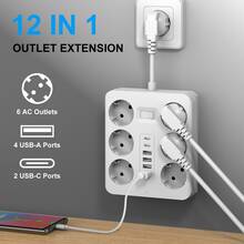 EU-30 European Standard Power Socket, Power Strip, Wall Socket Extender, Built-In 6 AC Sockets, 4 USB Ports, 2 Type-C Ports, EU Plug Charger And Power Switch, Suitable For Home Bedroom, Living Room, Study, Kitchen And Other Power Hub Sockets - Multicolor - View 1