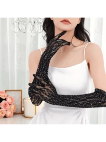 舞会、派对、约会、婚礼，法式奢华仿钻，豹纹高弹水钻，闪亮复古优雅女士手套，可作礼物 - 彩色 - 查看 5