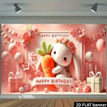 2D Flat 1pc Polyester Cute Rabbit Happy Birthday Theme Party Banner, Atmosphere Decor Background, Outdoor Festival Decoration, Home Garden Decor, Patio Decor, Patio Supplies - Pink - View 5
