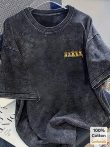 女士超大款复古黑色水洗短袖T恤，宽松版型，时尚设计 - 黑色 - 查看 2