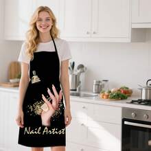 1件美甲印花围裙 - 黑色背景美甲图案，涤纶厨房围裙，适合美甲师、美甲沙龙、家居装饰 - 易于清洁的烹饪和美甲工作台配件，趣味图案，优质材料，坚固耐用，DIY美甲爱好者的必备品