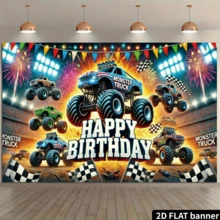 2D Flat 1pc Polyester Monster Truck Happy Birthday Party Banner, Atmosphere Decor Background, Outdoor Festival Decoration, Home Garden Decor, Patio Decor, Yard Supplies