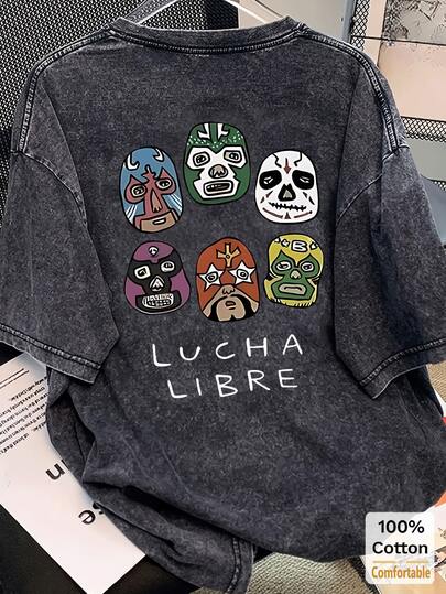 女士超大款复古黑色水洗短袖T恤，宽松版型，时尚设计