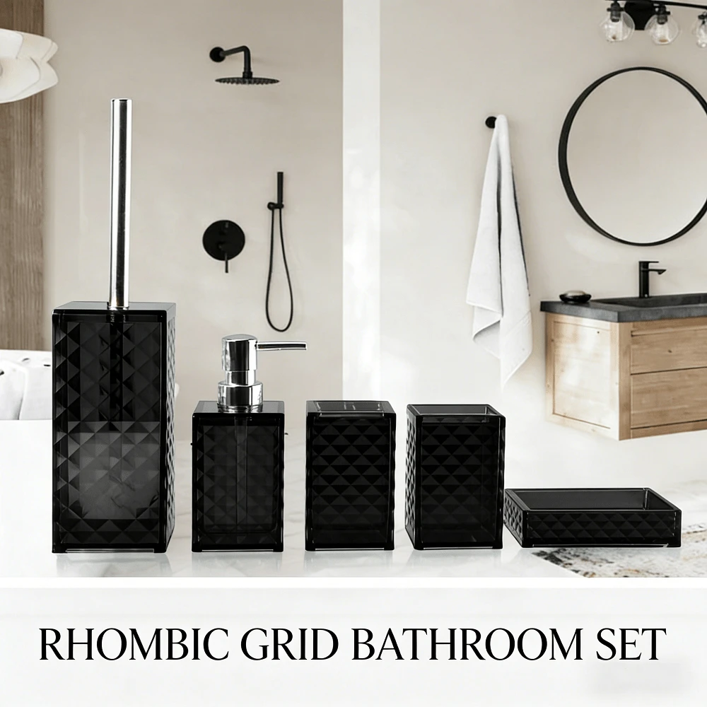 4-5 piezas Juego de baño de acrílico, que incluye dispensador de jabón líquido, portacepillos de dientes, vaso, jabonera, adecuado para tocador de baño, juego de decoración de baño, regalo de cumpleaños, día festivo, inauguración de casa, regalo de Navidad, juego de baño con cortina de ducha, decoración de baño, accesorios de baño, almacenamiento de baño, regalo del Día de San Valentín - Multicolor - Ver 1