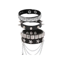 3件套朋克摇滚皮质手链，女士流行80、90年代Emo风格配饰，复古铆钉可调节缠绕式腕带 - 黑色 - 查看 22