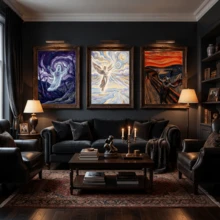 表现主义艺术三联画：蒙克风格的恶魔、天使和幽灵帆布画，哥特式休息室、书房的黑暗三位一体墙面装饰画 | 美学 - 彩色 - 查看 3