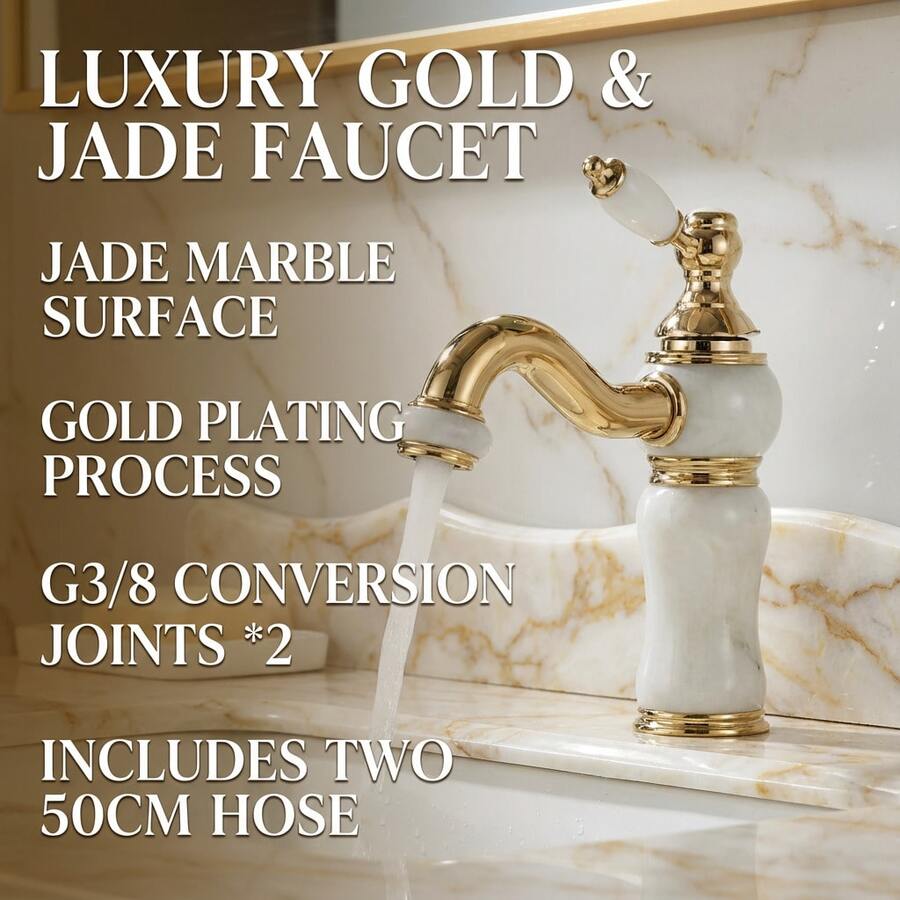 1pc White Marble Texture Bathroom Sink Faucet, Gold Decorative Ceramic Handles, Dual Control Hot & Cold, Luxury Retro Bathroom Countertop Basin Tap, G1/2 Interface, Includes 2pcs 50cm Hoses, G3/8 Adapter*2