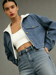 Women's Corduroy Sherpa-Lined Cropped Jacket - Blue & Multiple Colors, Loose Fit, Turn-Down Collar, Button-Front, Utility Pockets, Fall/Winter Warm Outerwear | Women's Casual Home & Outdoor Jacket | All-Age (Teens To Adults) Stylish Lined Coat - Màu xanh lam - Xem 3
