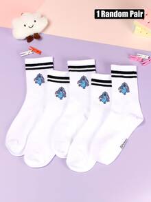 1/5 Pairs Of Stitch Cute Cartoon Pattern Personalized Mid Tube Sports Striped Socks, Made Of Polyester Fiber Material, Fashionable, Casual And Comfortable. The Cartoon Pattern Design Is Diverse, Fashionable, Casual, Breathable And Odor Proof, Suitable For Daily Wear, Campus Seasons, Holiday Gifts, Birthday Gifts, And New Year Gifts. - Multicolor - View 6