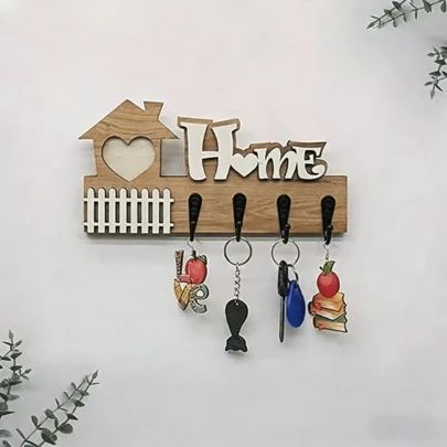 2D Printed 1pc Wooden Wall Mounted Key Holder Rack, Home Decor Organizer For Entryway, Hallway, Living Room, Kitchen, Bathroom, Closet, Coat Hooks, Wall Hanging Organizer, White, Black