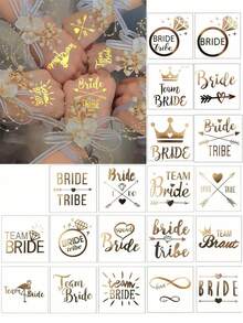 20pcs Single Party Temporary Tattoo Stickers, Single Party Temporary Tattoo Stickers, Wedding Temporary Tattoo Stickers, Unisex, Suitable For Adult Face, Hand, Wedding, Valentine's Day - Gold - View 8