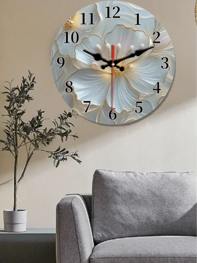 1pc 10"/12" Elegant Floral Gold Stem Design Wooden Wall Clock, Silent Operation - Modern Quartz Movement, Ideal For Living Room, Bedroom, Kitchen, Office Decor, Also Great For Christmas, New Year, Birthday Gift, Bedroom Clock | Elegant Wall Clock | Quartz Clock Home Decor Room Decor