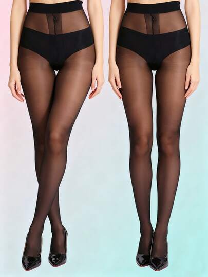 1 双 - 女士透明 T 恤式紧身裤，超薄性感黑色过膝袜，一次性过膝袜，20D 极简纯黑色过膝袜，适合搭配连裤袜。