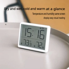 三合一智能闹钟、温度计和湿度计，温湿度双显示+闹钟，摄氏度/华氏度可切换+12/24小时制，磁吸式设计，可吸附于冰箱/金属门，CR2032纽扣电池供电，持久耐用，会议计时器