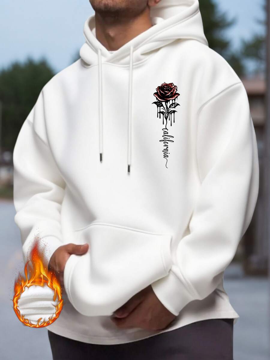 男士玫瑰印花抽绳连帽衫，秋冬款，长袖上衣 - 白色 - 查看 1