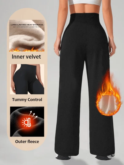 1pc Women's High Waist Wide Leg Pants, Elastic Straight Leg Pants, Winter Business Work Warm Suit Pants, Casual Straight Leg Office Lady Versatile Trousers, Loose Warm Thermal Lined Casual Pants For Walking, Shopping, Sports