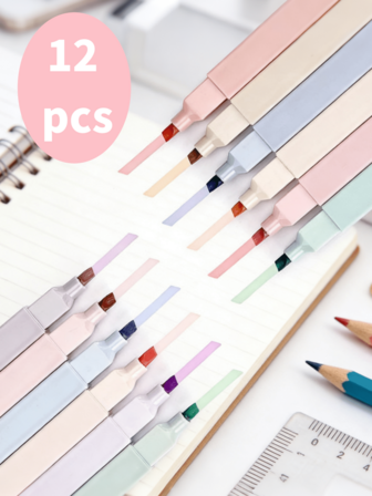 12 Solid-Color Square Highlighters In Macaron-Inspired Minimalist Tones, Perfect For Students. These Square-Shaped Markers Help You Mark Key Points, Categorize Materials, And Create DIY Planners. A Must-Have Stationery Item For The Back-To-School Season!